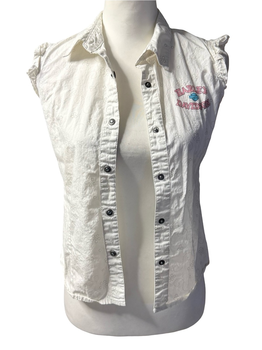 Harley-Davidson White Sleeveless Button-Down Top Glitter Pink Logo patch 10/12